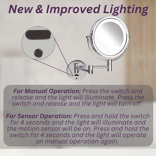 Vista 2 de JERDON Sharper Image - Espejo de maquillaje con sensor de movimiento iluminado para montaje en pared, aumento de 8X-1X, espejo de 8.5 pulgadas