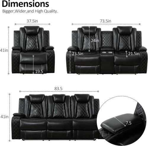 Vista 2 de Juego de sillón reclinable eléctrico + sofá biplaza + sofá, juego de sofá reclinable eléctrico con iluminación LED, cuero transpirable, cubos