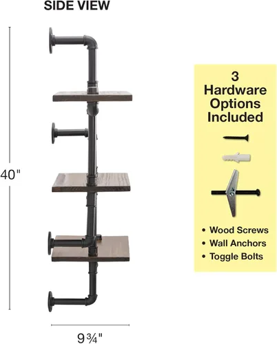 Vista 4 de Excello Global Products Escalera de pared de madera de 3 niveles, estante rústico flotante de 35 x 40 pulgadas con accesorios de tubería negra