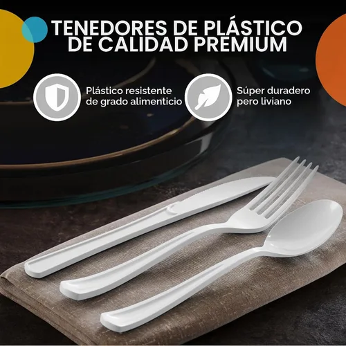 Vista 5 de Party Solids Cubiertos de plástico negro resistente, 150 piezas, cubiertos desechables negros, juegos de utensilios, 50 de cada tenedor, cuchillos