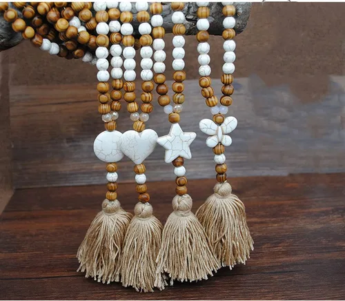 Vista 6 de Collar largo hecho a mano bohemio de cuentas de madera larga suéter cadena borla collares vintage estilo étnico ligero madera natural cuentas
