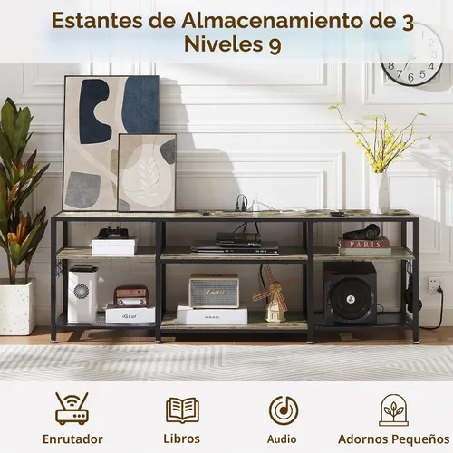 Vista 4 de VECELO Soporte de TV de 63 pulgadas con tomas de corriente para televisión de 55/60/65/70 pulgadas, centro de entretenimiento con estantes de Gris