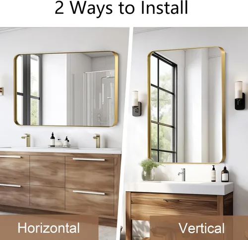 Vista 7 de Espejo de baño dorado de 22 x 30 pulgadas, espejo rectangular con marco de metal cepillado con esquina redondeada, espejo de tocador de baño dorado