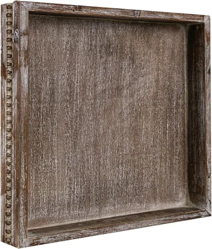 Vista 9 de Bandeja decorativa de madera, bandeja de servir pequeña con perla de madera, bandeja grande de estilo granja para otomano, encimera, mesa de café