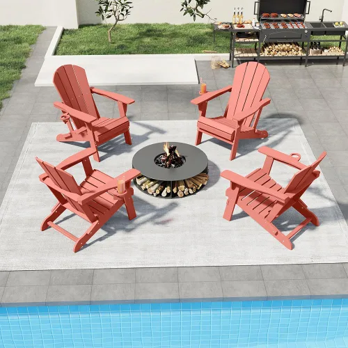 Vista 18 de Sillas plegables Adirondack con portavasos, juego de 4 sillas de plástico HDPE para exteriores, resistentes a la intemperie, aspecto de madera real