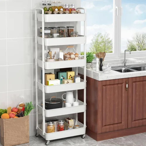 Vista 3 de Sywhitta - Carrito rodante de utilidad de plástico de 6 niveles con asa, carrito de almacenamiento multifuncional para oficina, sala de estar