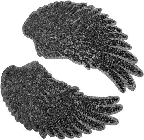POPETPOP 2pcs Angel Wing Sequin Embroidered Patch Black Medium DIY Garment Decor Clothes Sewing Supplies Repair Applique for Jackets Shirts Craft