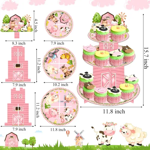 Vista 3 de Soporte para cupcakes de animales de granja rosa de 3 niveles para fiesta de cumpleaños de granja, torre de granero, fiesta, soporte para decoración