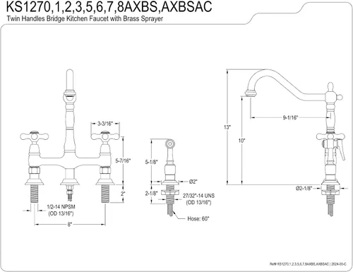 Vista 9 de Kingston Brass KS1277AXBS Heritage - Grifo de cocina de 8 pulgadas con rociador de latón, latón cepillado Cobrizo cepillado