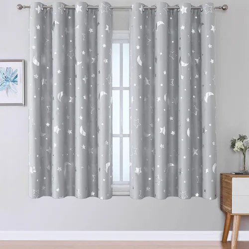 Vista 17 de WUBODTI Cortinas opacas de estrella azul marino para habitación de niños, juego de 2 paneles de 63 pulgadas de largo, cortinas cortas con estampado