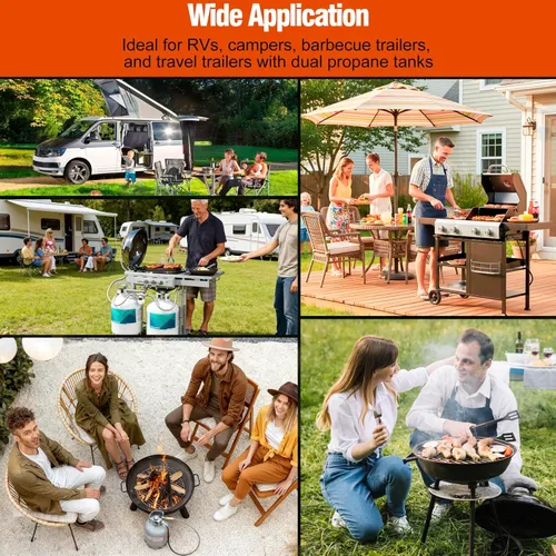 Vista 7 de Regulador de propano para RV, 2 mangueras de tanque, regulador de gas propano LP, cambio automático de 2 etapas con manómetro y dos mangueras