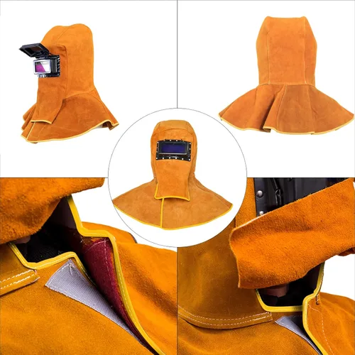 Vista 5 de Capucha de soldadura de piel de vaca mejorada con máscara de lente de filtro de oscurecimiento automático solar, casco de soldadura con protección