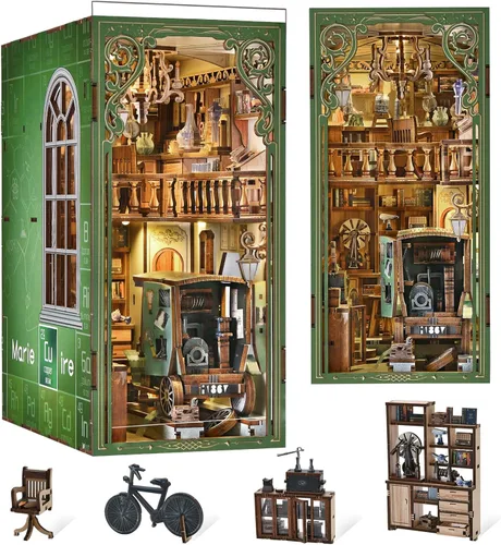 Vista 10 de MiniCity - Kit de rincón de libros en miniatura, rompecabezas de madera 3D con luz LED para decoración de estantería (Día del pintor al anochecer)