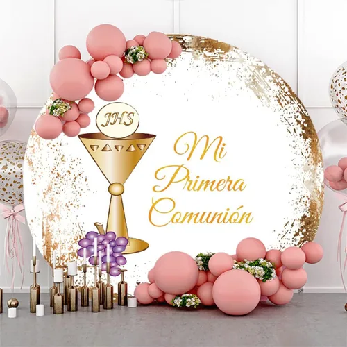 Vista 3 de Fondo redondo de bautismo de 7.2 pies de diámetro, Mi Primera, Comunión, bautizo, Dios bendiga oro con purpurina, cáliz morado, uvas moradas