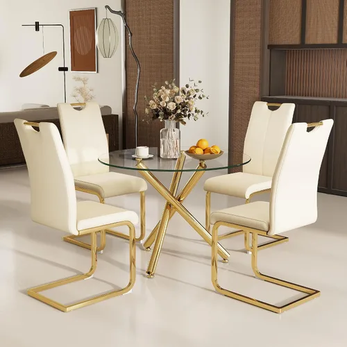 Moderno y lujoso juego de comedor redondo de vidrio para 4, 5 piezas de mesa de cocina de vidrio circular transparente con sillas de piel sintética