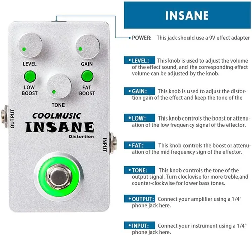 Vista 7 de COOLMUSIC C-DI01 Insane Distortion Pedal de distorsión de bajo para guitarra