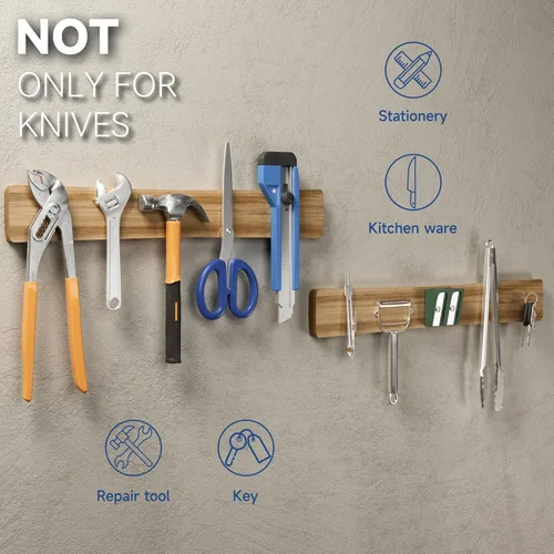 Vista 5 de Soporte magnético para cuchillos de pared, tira magnética de cuchillos de madera de acacia sin necesidad de perforación, soporte magnético