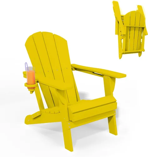 Vista 11 de Sillas plegables Adirondack con portavasos, juego de 4 sillas de plástico HDPE para exteriores, resistentes a la intemperie, aspecto de madera real