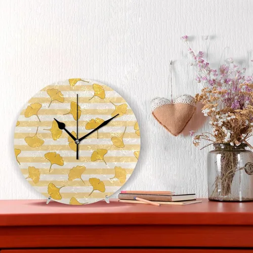 Vista 2 de Yellow White Striped Ginkgo Biloba Leaf 10 Inch Round Wall Clock Retro Silent Decorative for Classroom Hotel Bedroom reloj de pared para cuarto