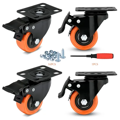 Ruedas giratorias de 2 pulgadas con carga de 600 libras, ruedas de poliuretano naranja, ruedas giratorias de placa superior, juego de 4 ruedas de