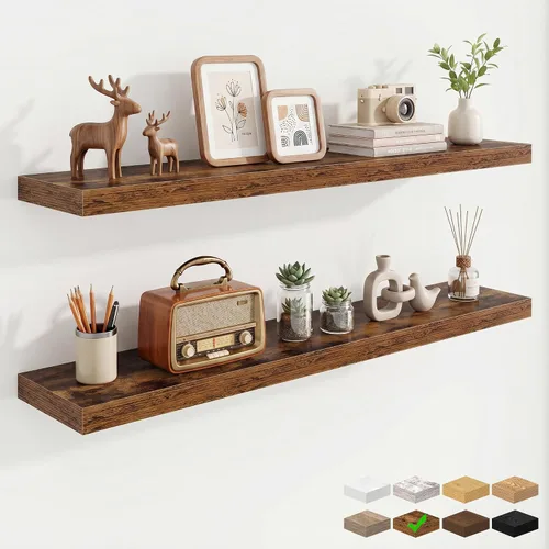 Vista 59 de Marsmiles 12in Depth Floating Shelves, 12x12x1.4, Rustic Brown, Set of 3 Marrón rústico