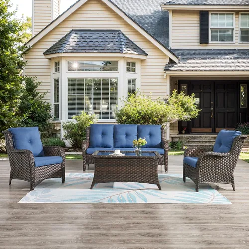 Vista 28 de Belord Mesa auxiliar pequeña para exteriores, mesa de mimbre de vidrio templado, mesa de centro impermeable para patio, mesa auxiliar de ratán