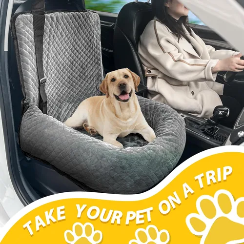 Vista 5 de Asiento de automóvil para perros pequeños y medianos, desmontable lavable, asiento elevador de seguridad para mascotas, cómodo, ultra suave y Gris