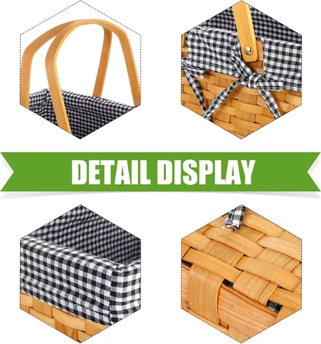 Vista 3 de Patelai Cesta de mimbre para pícnic, cesta tejida a mano natural con asas plegables dobles, cestas de sauce con manta para picnic al aire libre