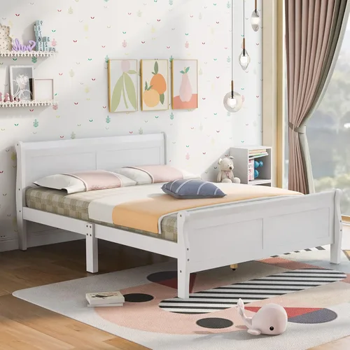 Vista 3 de SOFTSEA Base de cama matrimonial con cabecero y estribo, cama de plataforma de madera maciza con soporte de listones de madera/no necesita somier