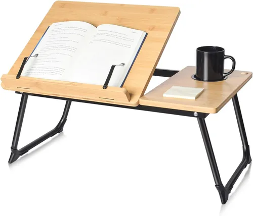 Vista 10 de Mesa de cama ajustable para laptop con soporte para libros, escritorio portátil de lectura con panel lateral, grano de madera