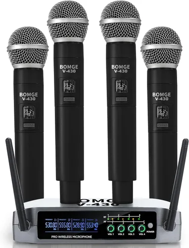 Vista 10 de BOMGE Sistema de micrófono inalámbrico, juego de micrófono inalámbrico Pro de 4 canales con cuatro micrófonos de mano, frecuencia fija, largo