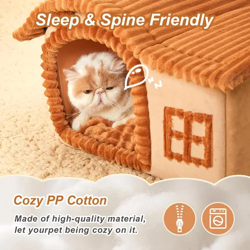 Vista 3 de Jiupety Casas de Gatos con Forma de Oso para Gatos de Interior, Cueva de Cama para Gatos Linda con Chimenea, Suficiente Espacio Interior, Casa Suave