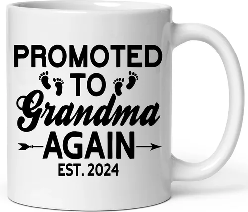 Taza de cerámica de 11 onzas con texto en inglés "Promoted To Grandma Again Est 2024", diseño de abuelas y anuncio de embarazo
