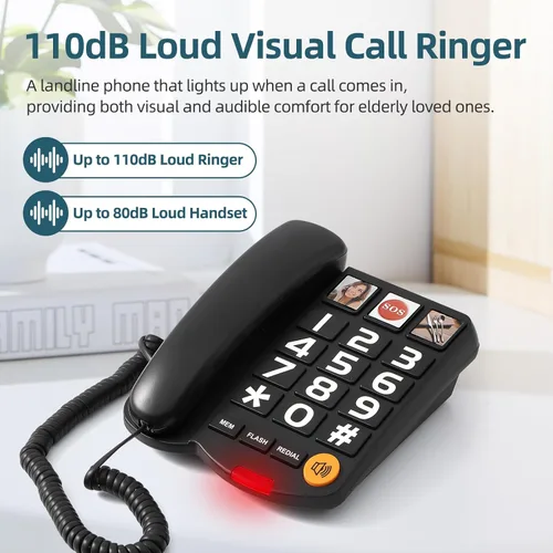 Vista 5 de Teléfono con Cable de Botón Grande para el Hogar con Timbre Fuerte de 110dB, Marcación Rápida de 3 Fotos, Altavoz y Control de Volumen. Fácil