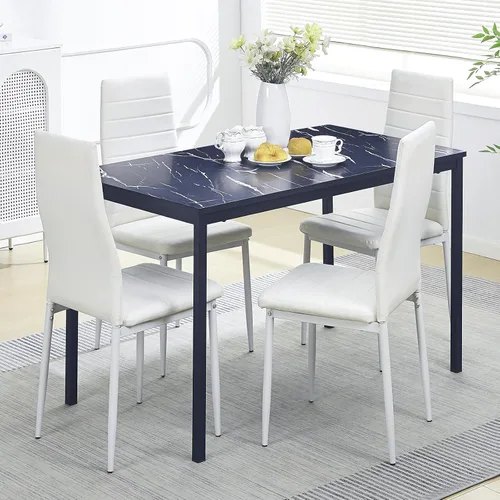 Vista 22 de Juego de comedor de 5 piezas para 4 mesas de comedor de mármol con sillas, mesa de cocina rectangular y sillas para cocina del hogar, comedor