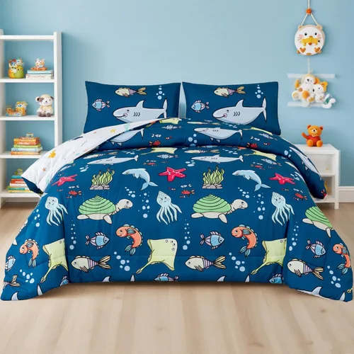 Vista 8 de WINLIFE Juego de edredón de construcción individual para niños, 3 piezas, ropa de cama reversible y ligera de microfibra con vehículos forestales