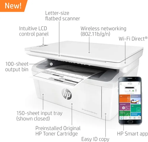 Vista 3 de HP Laserjet Pro impresora láser monocromática inalámbrica, todo en uno.