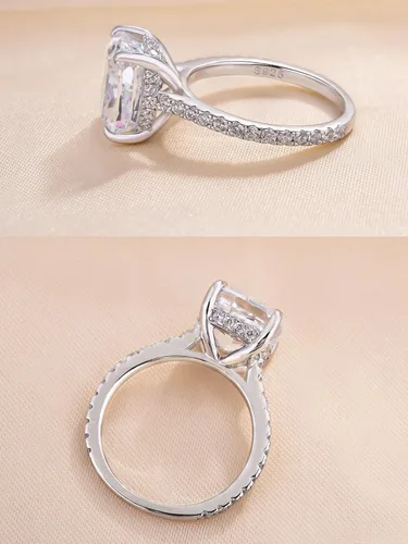 Vista 7 de Anillo de compromiso de corte cojín de 4 quilates para mujer, anillo de compromiso chapado en oro blancorosa de plata de ley 925 de 18 quilates