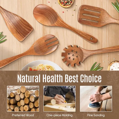 Vista 2 de Juego de 5 cucharas de madera para cocinar, juego de utensilios de cocina de teca natural, superficie antiadherente lisa, juego de espátulas