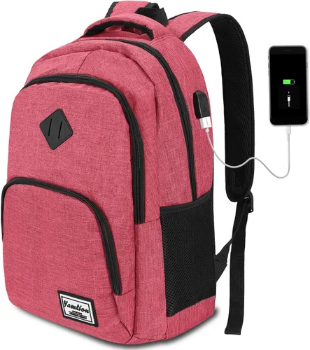 Vista 19 de YAMTION Mochila escolar con puerto de carga USB para laptop, universidad, viajes, trabajo, oficina, adolescentes, beige, 15.6 pulgadas