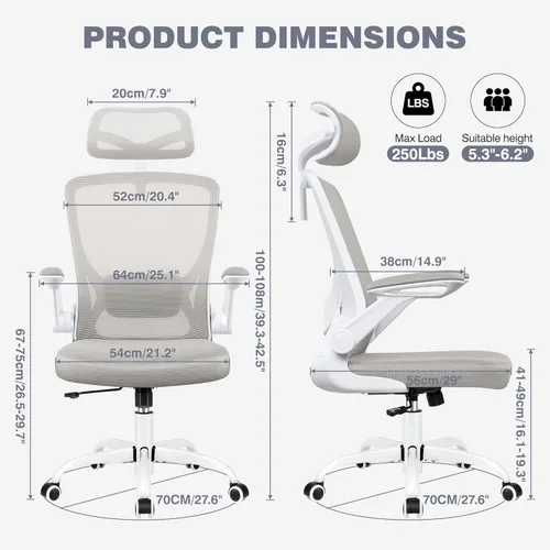 Vista 3 de Silla ergonómica de escritorio de oficina cómoda, sillas de escritorio de malla de respaldo alto con soporte lumbar ajustable, reposacabezas
