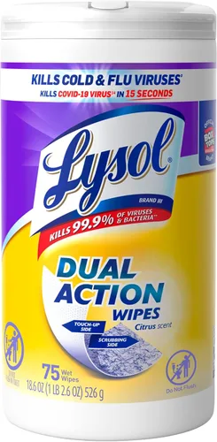 Lysol Toallitas desinfectantes de doble acción, toallitas antibacterianas multisuperficie, para desinfectar y limpiar, aroma cítrico, 75 unidades
