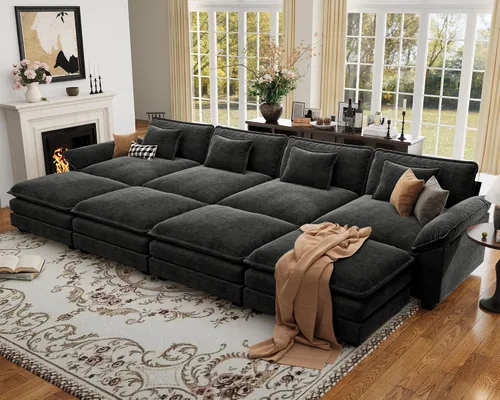 Vista 12 de Sofá modular de gran tamaño de 154 pulgadas, cómodo sofá en forma de U con 3 otomanas móviles, sofá moderno de felpilla de 7 plazas para sala