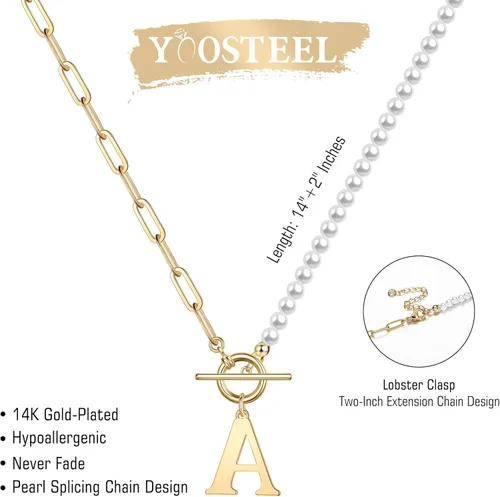 Vista 6 de Collar de perlas con inicial de oro para mujer chapado en oro de 14 quilates collar de cadena de eslabones con clip collar con cierre de palanca