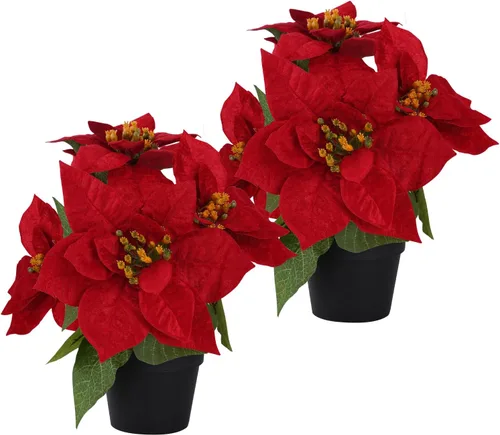 Flores de Pascua Artificiales Paquete de 2 Rojas Plantas de Pascua de Navidad Artificiales Pequeñas de 11 Pulgadas Flores de Invierno para