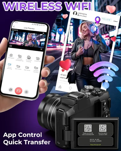 Vista 6 de Cámara digital 5K – Cámaras WiFi de 80 MP para fotografía – Cámara de vlogging de enfoque automático rápido UHD para YouTube con pantalla abatible