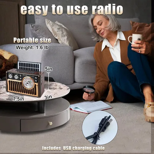 Vista 6 de Radios AM FM portátiles, radios retro con altavoces de alta potencia, compatible con alimentación USB y carga de paneles solares. Tarjeta Bluetooth