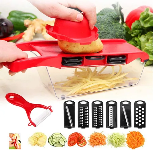 Cortador de verduras multifunción 6 en 1, mandolina, picadora de papas, cortador de alimentos con recipiente de almacenamiento y pelador para
