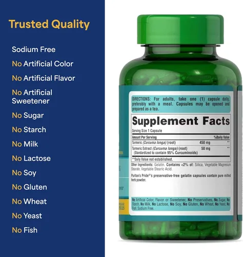 Vista 6 de Puritan's Pride Curcumina de cúrcuma de 500 mg, estandarizada al 95% de cucuminoides, suplemento dietético a base de hierbas para la salud