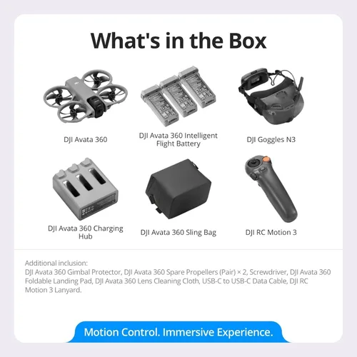 Vista 4 de DJI Avata 360 Motion Fly More Combo, dron de 360° con imágenes 8K 360° de 1 pulgada, cámara de 360° con protector de hélice. Incluye gafas N3 y RC